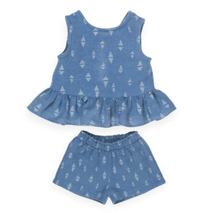 Yell-Oh! Girls Jacquard Denim Sleeveless Top w/ Frill & Shorts Set