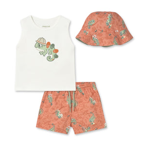 Mayoral Baby Boy Chameleon Tank Top & Swim Trunks w/ Bucket Hat Set ~ Natural/Clay