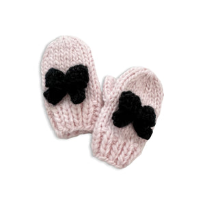 The Blueberry Hill Bow Knit Baby Mittens ~ Baby Pink/Black