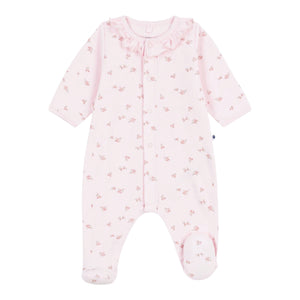 Petit Bateau Front Snap Floral Print Footie w/ Ruffle Collar ~ Pink