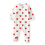 Petit Bateau Front Snap Heart Print Footie ~ White/Red