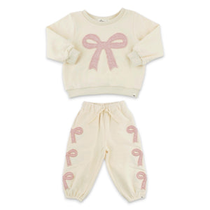 Oh Baby! Bow Applique Boxy Sweatshirt & Joggers Set ~ Sugar Cookie