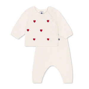 Petit Bateau Knit Heart Sweater & Pants Set ~ White/Red