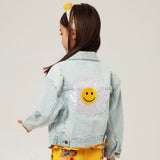 Petite Hailey Patched Denim Jacket ~ Daisy/Light Blue