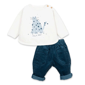Play Up Baby l/s Cat T-Shirt & Corduroy Pants Set ~ Off-White/Teal