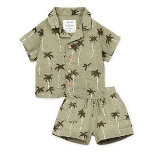 Play Up Baby Palm Tree Print Woven Shirt & Shorts Set ~ Light Olive