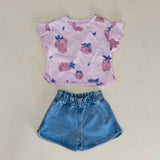 Play Up Baby Printed Frill Sleeve Tee & Denim Shorts Set ~ Strawberries/Blue