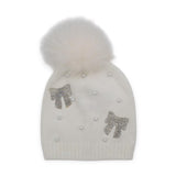 Bari Lynn Crystalized Bows & Pearls Knit Hat w/ Pom