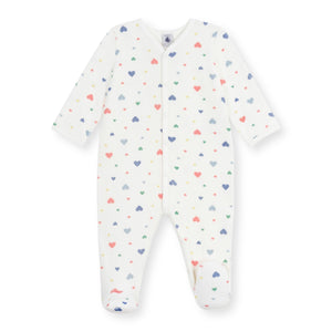Petit Bateau Velour Front Snap Multi Hearts Print Footie ~ White Multi