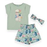 Mayoral Girls Graphic Tee w/ Headband & Printed Shorts Set 7-12 ~ Jade/Mint Floral