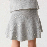 Mayoral Girls Knit Sweater & Skirt Set w/ Pearls 7-12 ~ Mixed Grey