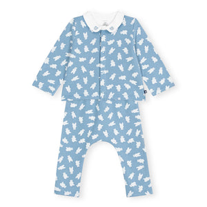 Petit Bateau Bear Print Cardigan, Pants & Collared Onesie Set ~ Blue/White