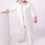 Petit Bateau Front Snap Velour Footie w/ Floral Print Collar ~ White