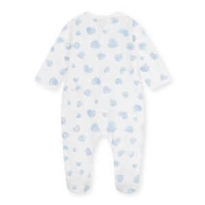Petit Bateau Front Snap Heart Print Brushed Fleece Footie ~ White/Blue