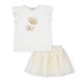 Mayoral Girls Flutter Sleeve T-Shirt & Plumeti Tulle Skirt Set ~ Natural