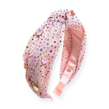 Bari Lynn Jeweled Tulle Heart Charm Knot Headband ~ Pink