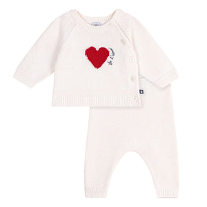 Petit Bateau Knit Heart Sweater & Pants Set ~ White