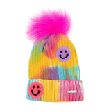 Bari Lynn Toddler Smile Patch Tie Dye Knit Hat w/ Fur Pom