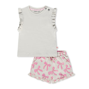 Babyface Baby Girl Sleeveless Top w/ Ruffle & Bows Print Ruffle Shorts Set ~ Ivory/Pink