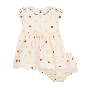 Petit Bateau Baby Multi Heart Print s/s Dress w/ Bloomers ~ Cream Multi