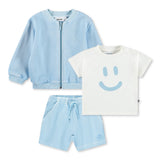 Molo Baby Dazzle Zip Sweatshirt, Enzo Tee & Simms Shorts Set ~ Stream/Daylight White