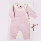 Petit Bateau Knit l/s Romper w/ Floral Ruffle Collar ~ Pink