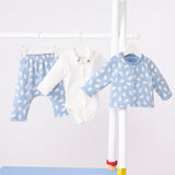 Petit Bateau Bear Print Cardigan, Pants & Collared Onesie Set ~ Blue/White