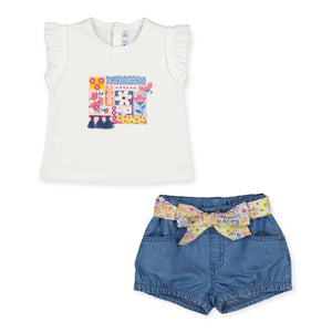 Mayoral Baby Girl Embellished T-Shirt & Chambray Shorts w/ Printed Belt Set ~ Flowers/Medium