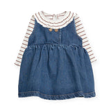 Play Up Baby Striped Ruffle Collar Onesie & Denim Dress Set ~ Ecru/Brown/Blue