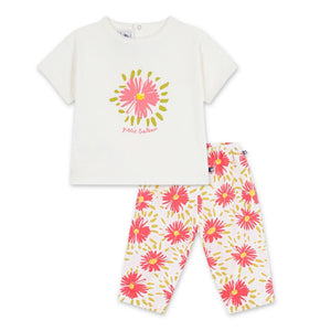 Petit Bateau Baby Flower Graphic T-shirt & Floral Print Pants Set ~ White Multi