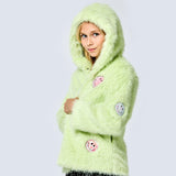 Hannah Banana Hooded Faux Fur Coat w/ Sequin Appliques ~ Lime