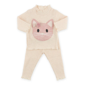 Oh Baby! Kitty Face Lettuce Edge Ribbed Mock Neck 2pc Set ~ Natural