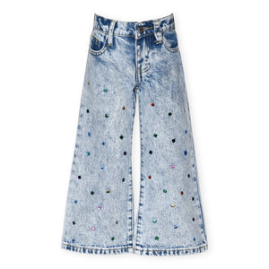 Baby Sara Acid Wash Rhinestone Wide Leg Jeans ~ Blue