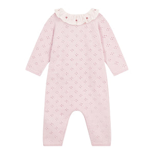 Petit Bateau Knit l/s Romper w/ Floral Ruffle Collar ~ Pink