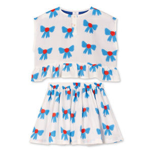 Wynken Vela Bow Print Sleeveless Frill Top & Skirt Set ~ White