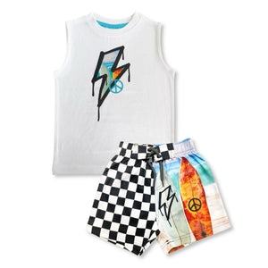 Mish Boys Surf Check Muscle Tee & Swim Trunks Set ~ White/Black Multi
