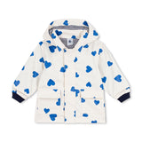 Petit Bateau Baby Heart Print Hooded Rain Jacket ~ Ecru/Blue