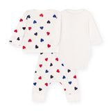 Petit Bateau Heart Print Cardigan, Onesie & Pants Set ~ White Multi