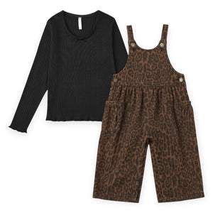 Rylee + Cru Girls Ribbed l/s Top & Wide Leg Overalls Set ~ Black/Leopard