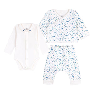 Petit Bateau Fox Print Onesie, Cardigan & Pants Set ~ White/Blue