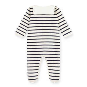 Petit Bateau Velour Front Snap Striped Je T'aime Footie w/ Sailor Collar ~ White/Navy