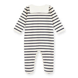 Petit Bateau Velour Front Snap Striped Je T'aime Footie w/ Sailor Collar ~ White/Navy