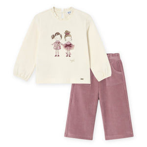 Mayoral Baby Girl Tulle Embellished l/s Top & Velour Wide Leg Pants Set ~ Macchiato/Orchid
