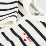 Petit Bateau Velour Front Snap Striped Sailor Collar Footie ~ White/Navy