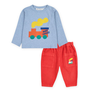 Bobo Choses Baby Choo Choo l/s T-shirt & Corduroy Pants Set ~ Light Blue/Red