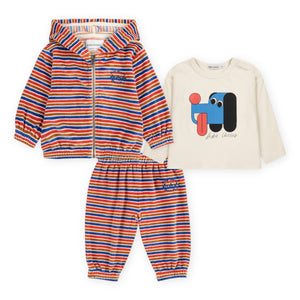 Bobo Choses Baby Have Fun Striped Velour Zip Hoodie, Doggy Mate l/s Tee & Joggers Set ~ Red/Blue Multi