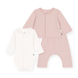 Petit Bateau Quilted Cardigan, Ruffle Collar Onesie & Pants Set ~ Light Pink/White