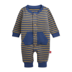 Magnetic Me Waffle Weave Striped Romper ~ Olive/Blue
