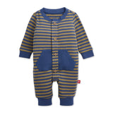 Magnetic Me Waffle Weave Striped Romper ~ Olive/Blue
