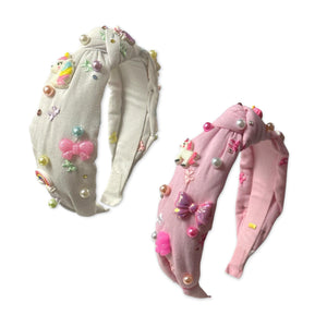 Bari Lynn Linen Knot Headband w/ Bow Charms & Pearls